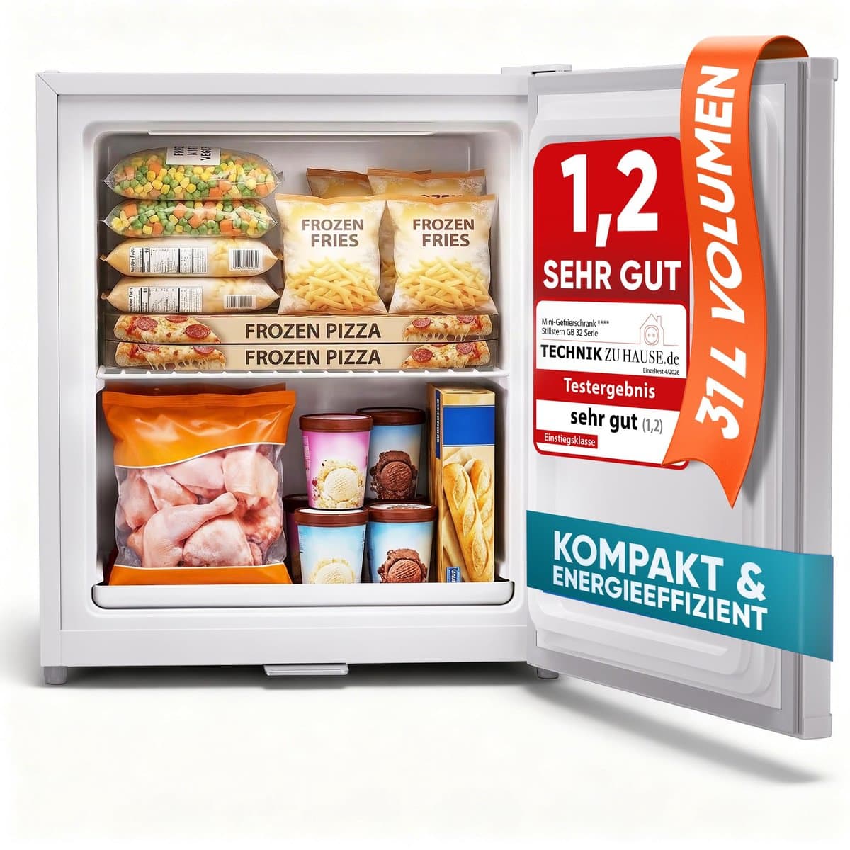Stillstern Mini-diepvriezer, klein en stil, 31 l, mini-diepvrieskist -18 °C met ijsblokjesbakje en slot, deurscharnier rechts/links, 4-sterren diepvriezer, klein, diepvriezers voor op de camping/op kantoor, wit [energieklasse E] — afbeelding 1