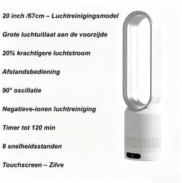 Casalora Ventilator Staand - Bladloze Ventilator 58 cm - Luchtcirculator met Afstandsbediening, 8 Snelheden, 90° Oscillatie, Timer en Luchtzuivering – Veilig en Comfortabel voor Woonkamer, Slaapkamer en Kantoor - Zilver — thumbnail 2