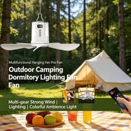 Campingventilator met verlichting – Plafondventilator met licht & afstandsbediening, LED-campinglamp met oplaadbare ventilator (via USB), timer, instelbare snelheid voor tenten (40 cm, 10800 mAh) [Energieklasse A] — thumbnail 2
