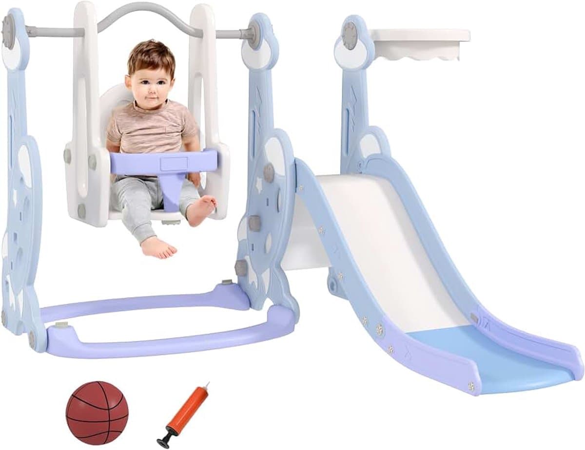 Rutsche 4-in-1 Kinderrutsche mit Schaukel, Basketballkorb, Klettergerüst, Kleinkinderrutsche mit Raketendesign Kinder Spielplatz für Indoor und Outdoor 1,5-4 Jahren Kinder Hellblau — afbeelding 1