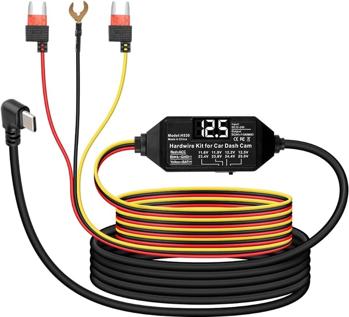 USB C Dash Cam hardwire Kit, 12V-24V tot 5V type C Hard Wire Kit voor Dash Camera 11.5FT, 24H parkeermodus met laagspanningsbeveiliging voor dashcam, GPS, radardetectoren en meer — afbeelding 1