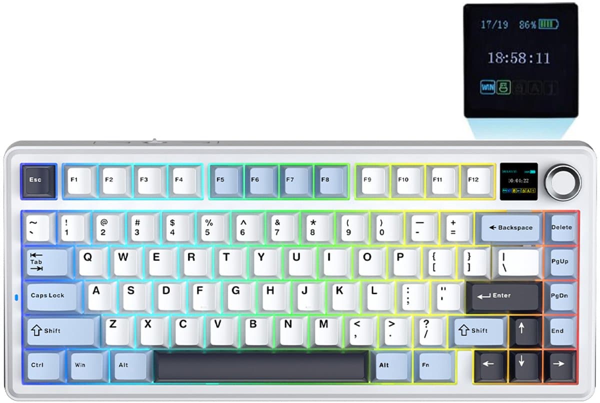 AULA F75 MAX - Draadloos Mechanisch Toetsenbord Met TFT-Scherm En Draaiknop - Gamingtoetsenbord Met Pakking In 75%-Layout - Hot-Swappable - RGB-Achtergrondverlichting - Voor PC/Mac/Linux (Lichtblauw + Zwart En Wit) — afbeelding 1