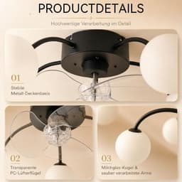 Glitzerlife Plafond ventilator met verlichting Plafondlamp Ventilatorlamp - 5xG9 fitting - Stille plafondventilator DC motor 6 snelheden omkeerbaar - afstandsbediening timerfunctie - modern design metaal PC - Ø57cm - zwart — thumbnail 2