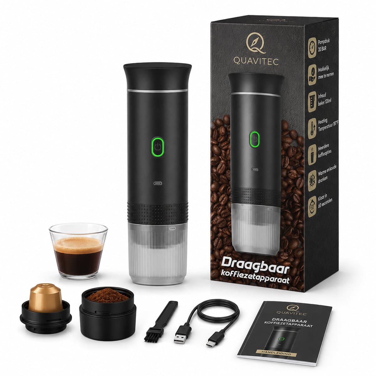 Quavitec Draagbaar Koffiezetapparaat - Draagbare Koffiemachine - Cups & Gemalen Koffie - Camping Espressomachine - USB Oplaadbaar - Espresso & Lungo Machine voor Onderweg en Reizen — afbeelding 1