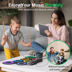 Oprolbaar Elektronisch Drumstel - Draagbare Drum Pad Set 7-in-1 - 7 Siliconen Drumpads - 8 Demoliedjes, 5 Drumgeluiden en 3 Ritmes - USB- of Batterijvoeding - 3,5mm Audioaansluiting - Voor Beginners, Thuis en Onderweg — thumbnail 2