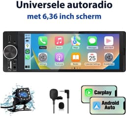 HexinexMarket - 1DIN Autoradio - 6,36 inch scherm - met Draadloze Carplay & Android Auto - WIFI BT 5.2 - USB/USB-C + Achteruitrijcamera — thumbnail 1