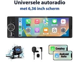 HexinexMarket - 1DIN Autoradio - 6,36 inch scherm - met Draadloze Carplay & Android Auto - WIFI BT 5.2 - USB/USB-C + Achteruitrijcamera
