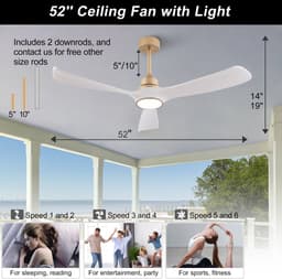 MIVRAY Plafondventilator Met Verlichting – 52 Inch, 6 Snelheden, Omkeerbare DC-Motor, 3 ABS Bladen – Wit Goud – Voor Slaapkamer En Woonkamer — thumbnail 2