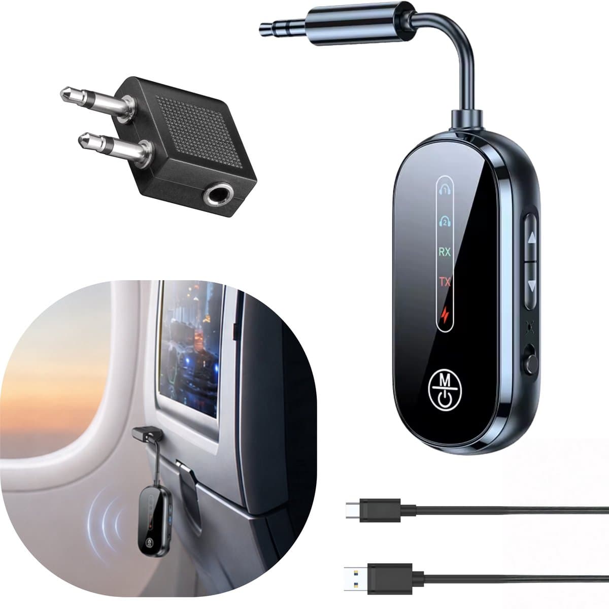 Bluetooth 5.4 Transmitter en Ontvanger - Bluetooth Adapter - Vliegtuig Adapter - Bluetooth Zender - 3,5mm AUX Splitter - Dual Connect voor 2 Apparaten Tegelijk - Geschikt voor Vliegtuig, TV, Auto, Laptop en Tablet — afbeelding 1