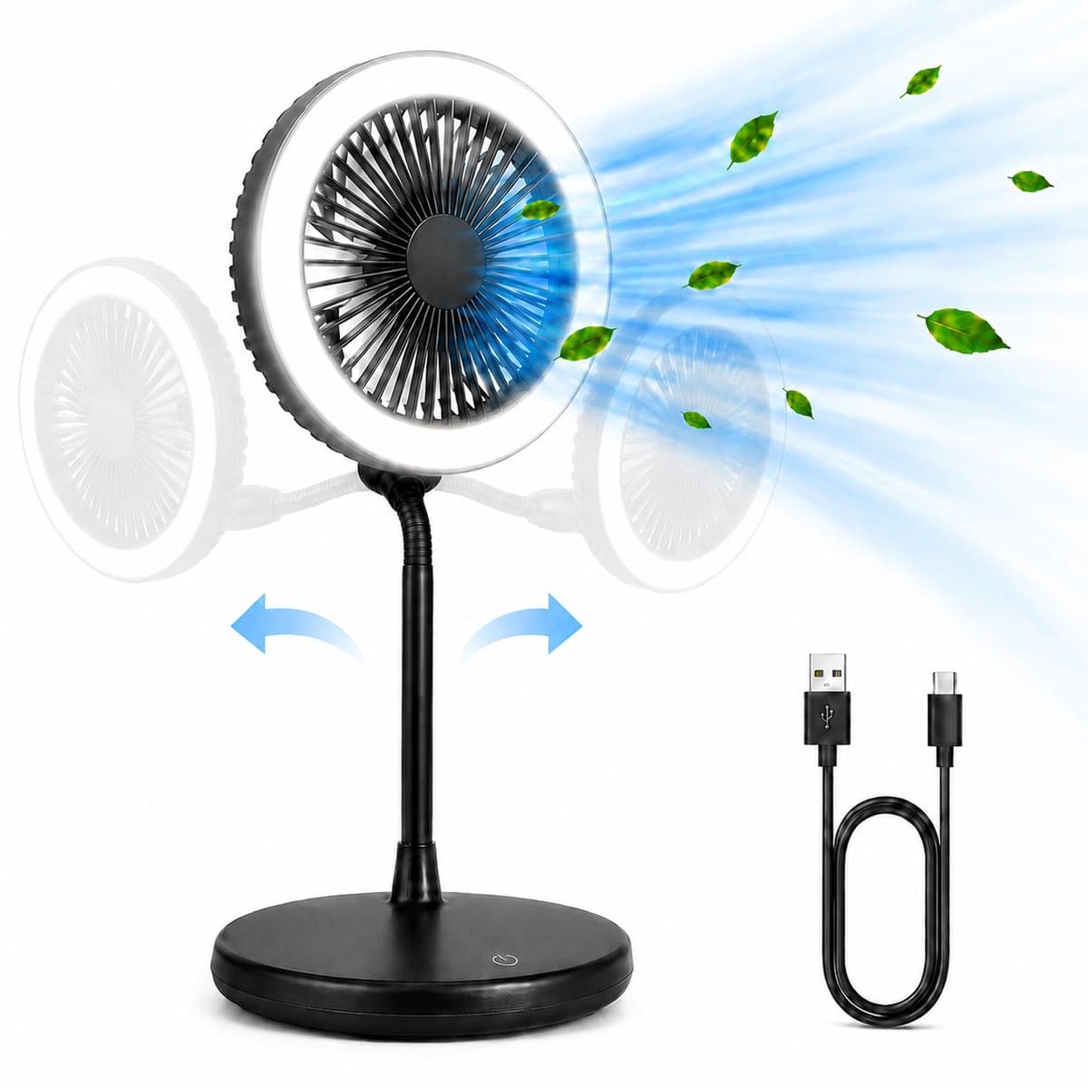 Tafelventilator met LED Licht - Bureauventilator met Verlichting - 3 Snelheden - Statief Ventilator met Flexibele Kop - Fan with LED Light - Mini Fan - Ventilator Staand met Draad - Desk Ventilator - Kleine Airco Verkoeler - Zwart - Silvergear — afbeelding 1