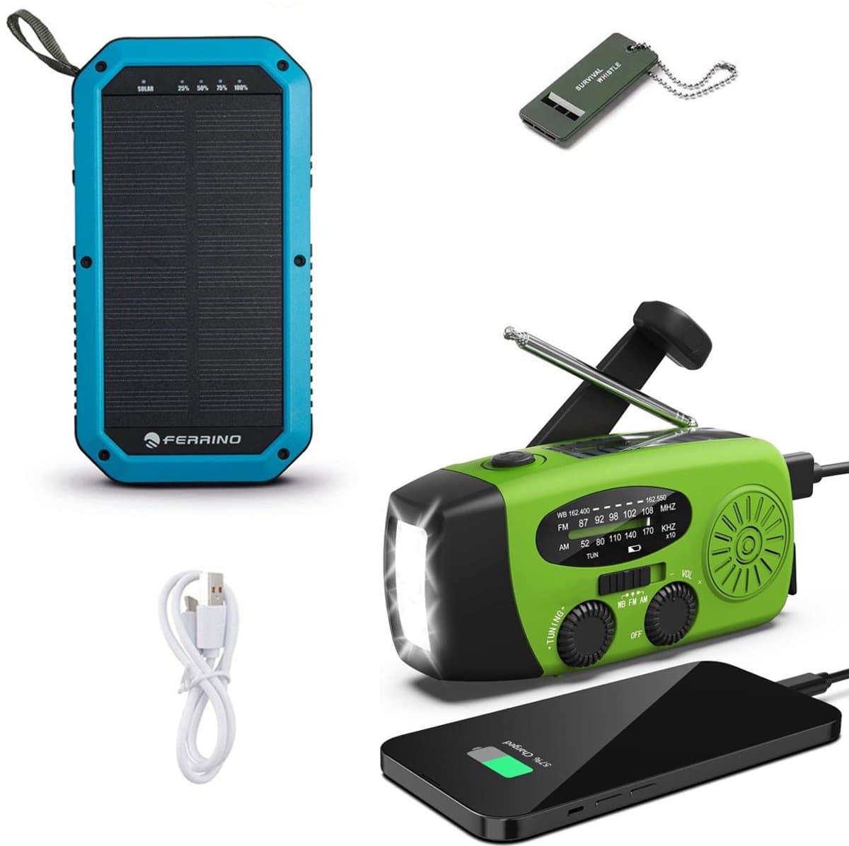 Noodradio Solar Opwindbaar en Batterij - Noodpakket - Draagbare Survival Radio - Inclusief 10.000 mAh Solar Powerbank en Noodfluit - Powerbank Zonneenergie - Bouwradio - Zaklamp - Groen — afbeelding 1