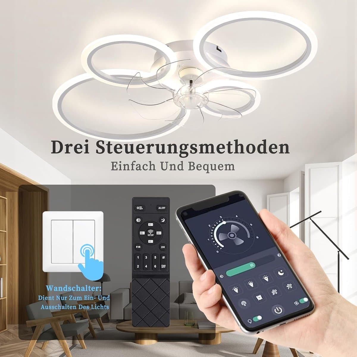 Plafondventilator met licht - Led lamp - Comfort in huis - Stille motor 6 snelheden - 80 x 60 cm — afbeelding 1