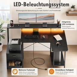 L-vormige Gaming Bureau met LED Verlichting, Stopcontacten en USB-poorten-WIT. — thumbnail 5