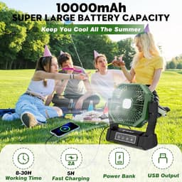 Campingventilator met LED Verlichting – Oplaadbare Tafelventilator – 10000mAh Accu – Afstandsbediening & 4 Snelheden — thumbnail 5