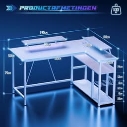 Devoko L-vormig Bureau 140x50/80x75 cm - Gaming Hoekbureau met Stopcontact, 2 USB-poorten en LED Lichtstrip - 100 kg Draagvermogen - Bekerhouder en Haak - witte carbon look — thumbnail 2