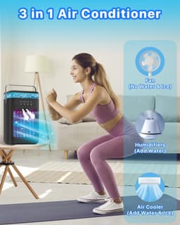 Draagbare aircooler - mini-luchtkoeler met 3 snelheden & 2 vernevelingsstanden, 120° oscillatie, verlichting in 7 kleuren & timer (2-4 uur), compacte koelventilator voor slaapkamer, kantoor, thuis en camping - zwart — thumbnail 4