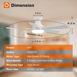 Plafondventilator 5 blad Ø105cm wit - stille ventilator – top kwaliteit - energie zuinig -met remote - ventilator voor laag plafond - 6 snelheden – beste alternatief voor airco - zomer en winter stand – witte ventilator — thumbnail 5