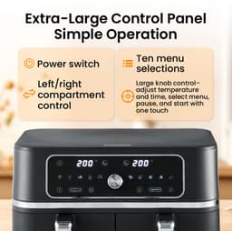 Dubbele Airfryer 9L – 2 x 4,5L – Dual Zone – 10 Voorgeprogrammeerde Programma’s – Digitale Bediening – Instelbare Temperatuur — thumbnail 4