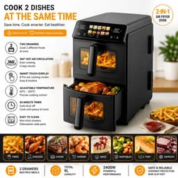 Just Perfecto Olievrije Heteluchtfriteuse – Digitale Airfryer met 2 Boven Elkaar Geplaatste Bereidingscompartimenten en Touchscreen, voor Gezond Frituren — thumbnail 2