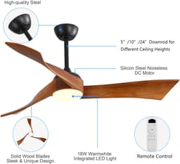 DESMIU Plafondventilator Met Verlichting 132 Cm - 6 Snelheden En Afstandsbediening - Voor Woonkamer En Slaapkamer - Metaal En Hout - Zwart — thumbnail 3