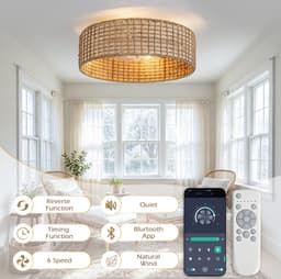 COVREO Plafondlamp met ventilator 50x50x20 cm koper - rotan en kunststof - app en afstandsbediening — thumbnail 4