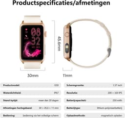 RAYOFI - Smartwatch - Nieuwe damessmartwatch 2026 - 1,57-inch sporthorloge - Hartslagmeting - Volledig touchscreen - Vierkant ontwerp - Stijlvol damessporthorloge - Goud - Compatibel met Android 5.0+ / iOS 10.0+ — thumbnail 2