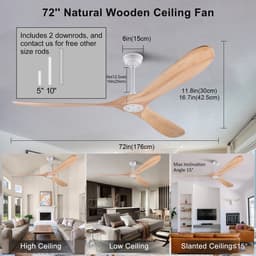 HAUSS SPOLE Plafondventilator - 183 cm - Stil Zonder Verlichting Met Afstandsbediening - Metaal En Hout - Wit Naturel - Voor Woonkamer En Terras — thumbnail 4