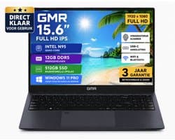 GMR 15.6 Inch Full HD Laptop | Windows 11 Pro | 12GB DDR5 RAM | 512GB SSD | Intel N95 | Vingerafdrukscanner | Direct Klaar voor Gebruik | Voor Thuiswerk, Studie, School, Internet, Teams, Zoom & Kantoor