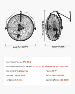 VEVOR 80W Industriële Wandventilator 56,5 cm, 6,4 m/s Oscillerende Wandventilator met 3 Snelheden, IP44 Waterdicht, Commerciële Industriële Ventilator voor Werkplaats, Garage, Magazijn, Sportschool, Zwart — thumbnail 2