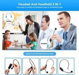 Draadloos microfoonsysteem voor 2 personen – dubbele draadloze headset 2,4G en handmicrofoon 2-in-1 – bereik 150 ft – voor stemversterker, podiumluidsprekers, docent. — thumbnail 4