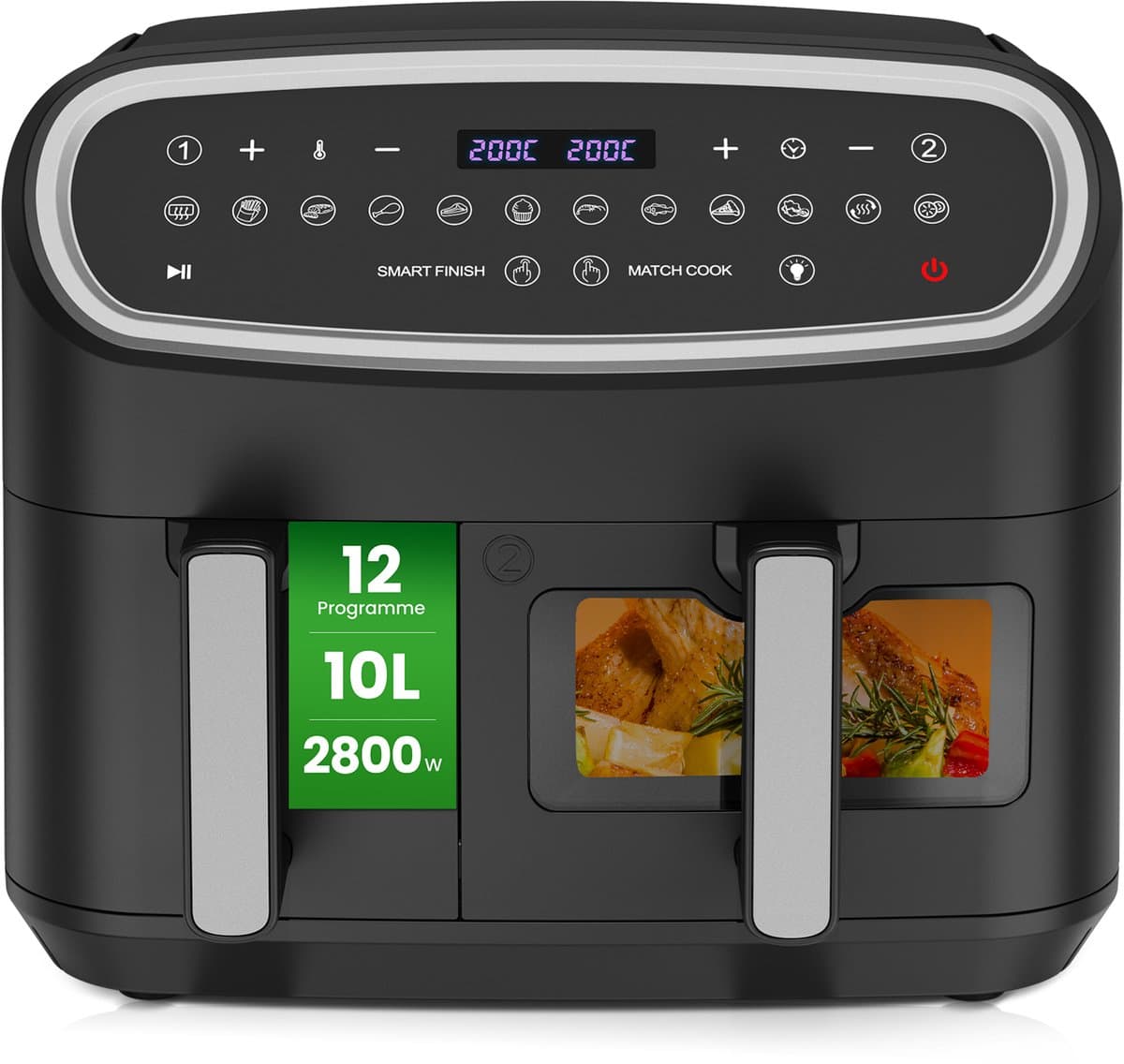 Airfryer 10L met dubbele mand 6L + 4L, 2800W, 12 kookprogramma’s, LED-touchscreen, kijkvenster en microstoomfunctie, 50–200°C, olievrije XXL heteluchtfriteuse voor grote gezinnen, zwart — afbeelding 1