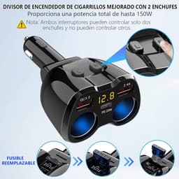 SnelShoppen - 150W Auto Lader met 2 Sigarettenaanstekers en 3 USB Poorten - PD 3.0 Type-C Snellader voor GPS, Dashcam, Navigatie en Meer — thumbnail 3