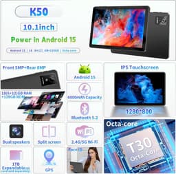 SnelShoppen - 10 inch Android 15 Tablet met 18GB RAM, 128GB ROM, 1TB Uitbreidbaar, Octa-Core, Dual Camera, 6000mAh, 2.4G+5G WiFi, GPS, Widevine L1 — thumbnail 2