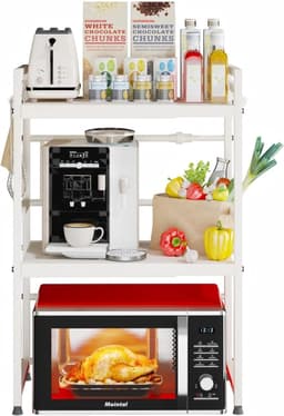 SnelShoppen - Expandable Microwave Rack - 3-Layer Keuken Magnetron Stand - Carbon Staal Countertop Magnetron Houder - 8 Haakjes - Wit - Keuken/Dining — thumbnail 1