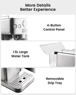 BlitzHome CM-601G Espressomachine Halfautomatisch 20 Bar – Espresso Apparaat met Melkopschuimer, PID Temperatuurregeling, Drukmeter en Thermoblock – Zilver — thumbnail 5