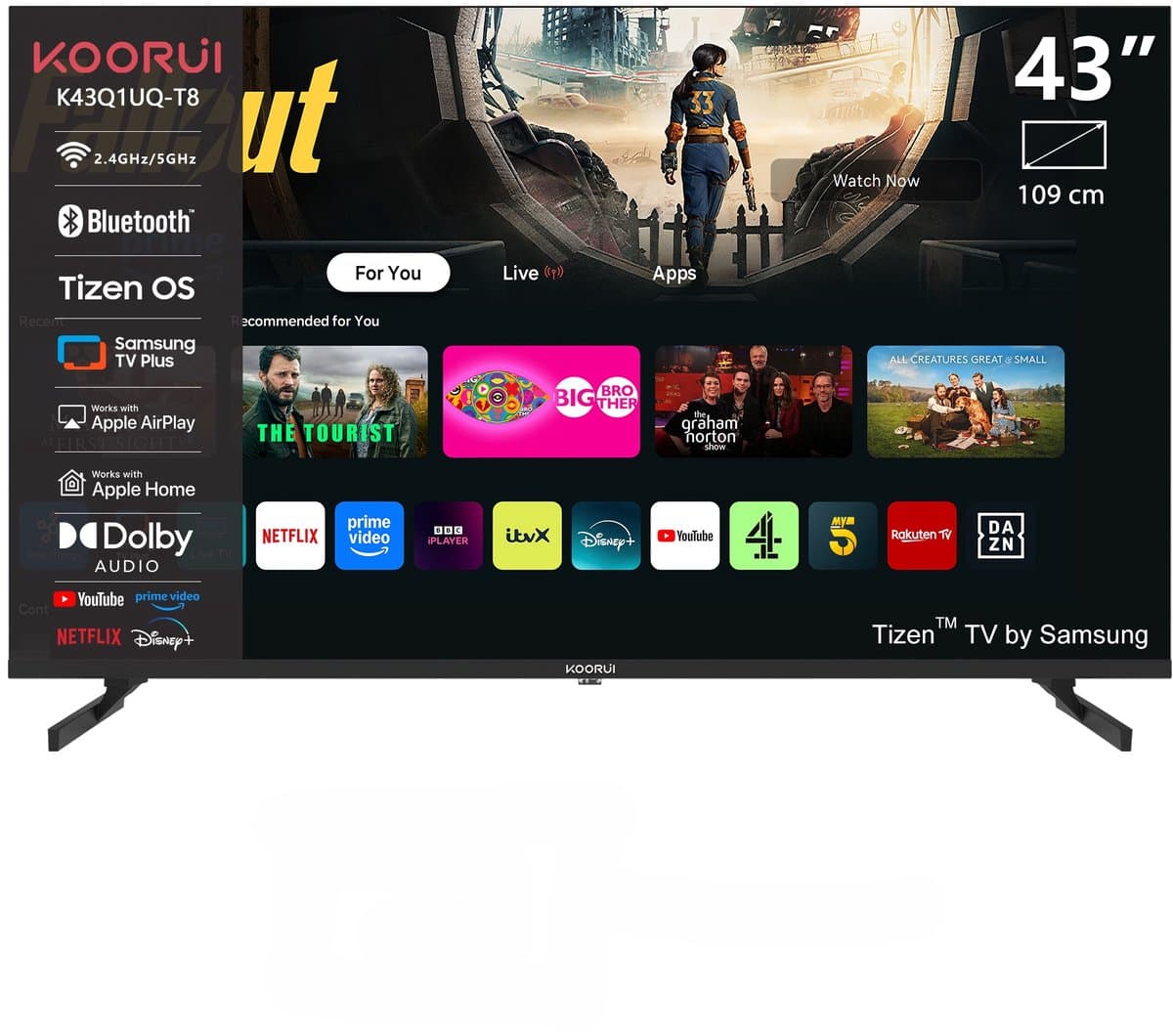 Koorui Tizen by Samsung Smart TV - QLED Ultra HD 4K - 43 inch/109 cm - Voice Controle - Streaming apps – AirPlay – Hotelmodus - HDMI x3, USB x2, CI+ - Tripple Tuner DVB-T/T2/S/S2/C - Frameless Design - Geassembleerd in Nederland - K43Q1UQ-T8 — afbeelding 1