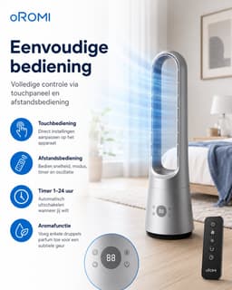 oROMI Bladloze Torenventilator 63 cm – 45W – 3 Snelheden en 3 Windmodi – Afstandsbediening – 24-uurs Timer – Oscillatie – Aromafunctie – Zilver — thumbnail 5