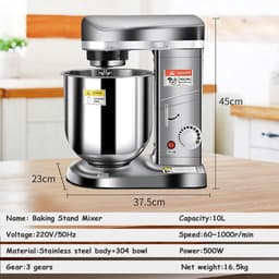 Staande Mixer - Keukenmachine Kneedmachine - Bakken Ingrediënten Mengen - 3-in-1 Multifunctioneel - 10 Liter Kom - Zilver — thumbnail 2