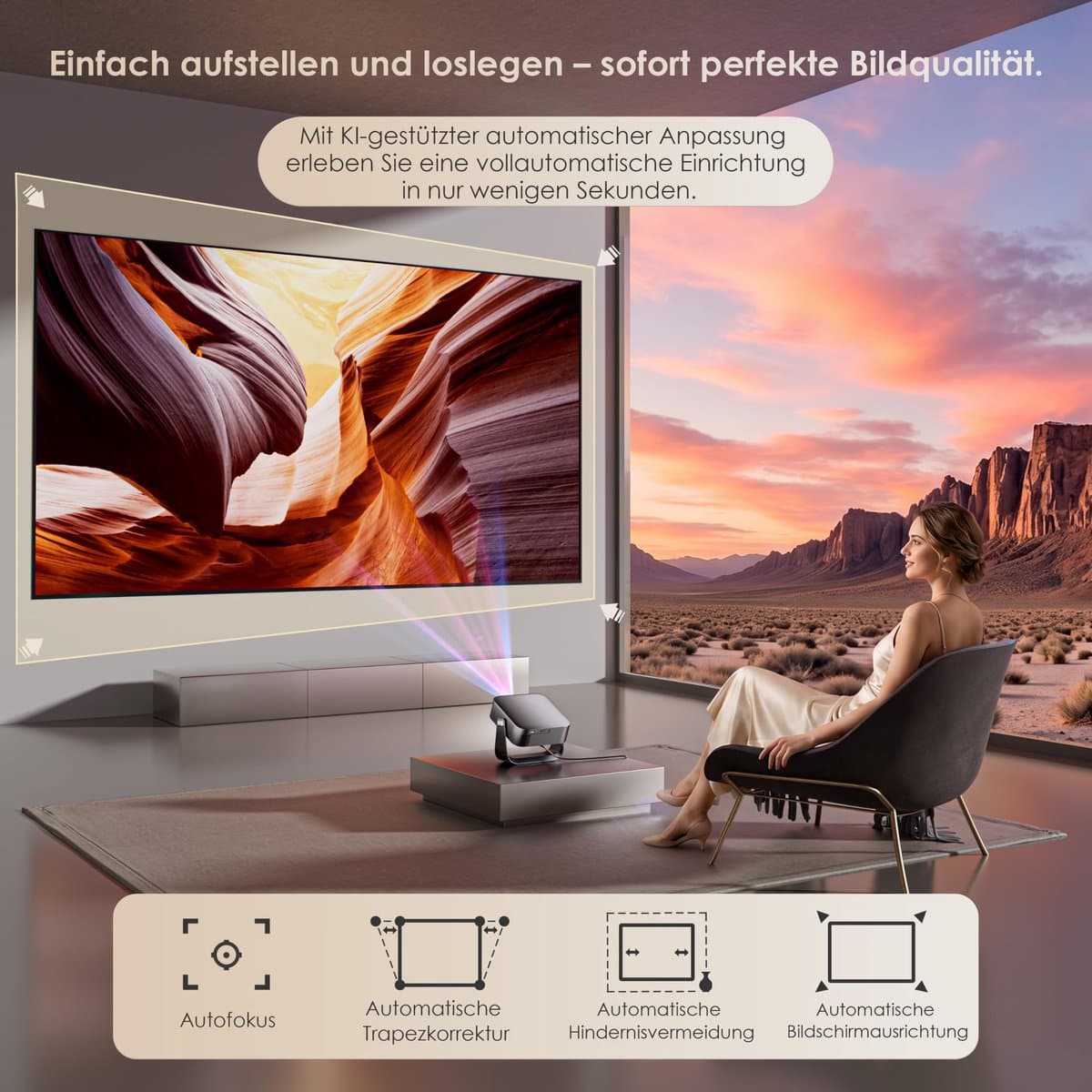 SnelShoppen - Mini-beamer 4K Smart Beamer, Native 1080p, 1200 Lumen, Autofocus, WiFi 6, BT5.2, HDMI, Draagbaar, Geluidsarm, Outdoor, 360° Draaibare St — afbeelding 1