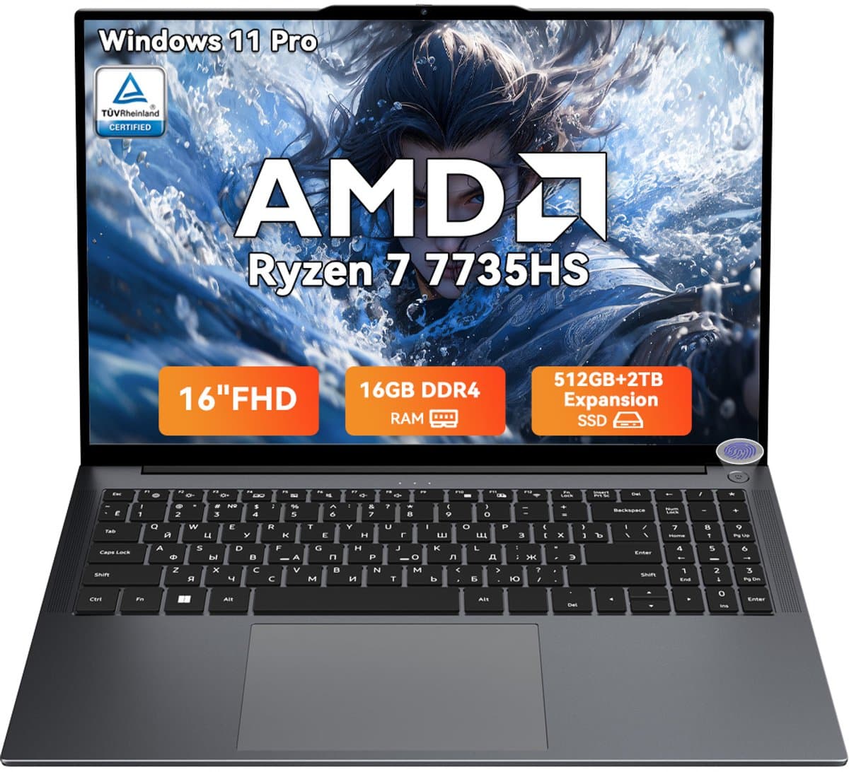 Blackview GamiBook 6 - Gaming Laptop - 16 inch Full HD - 16GB LPDDR5 RAM - 512GB SSD - AMD Ryzen7 7735HS - Windows 11 Pro Notebook - AMD Radeon 680M - WiFi 6 - Grijs — afbeelding 1
