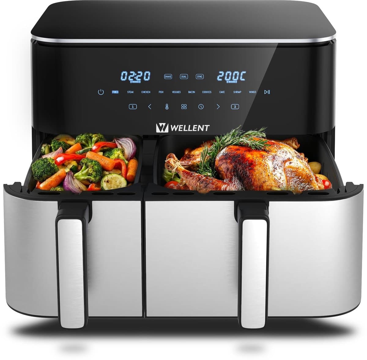 SnelShoppen - Airfryer XXL 11 liter, 2 kamers (4 + 7 l), 2600 W, 10-in-1 heteluchtfriteuse met touchscreen, dubbele kamer, schudherinnering, ideaal vo — afbeelding 1