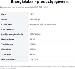 Koel-vriescombinatie 157L – Stil 39 dB – Vrijstaand – 109L Koelen & 48L Vriezen – Energieklasse E — thumbnail 2