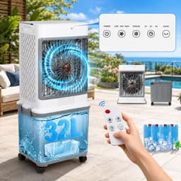 MUPOO Mobiele Aircooler 32L Watertank- Airco Zonder Afvoerslang - 4-in-1 Luchtkoeler met Water - Koelen, Ventileren,Koelventilator- Aircooler met 4 Koelelementen - Afstandsbediening - Stil 50 dB -voor Woonkamer, Slaapkamer, Kantoor en Garage — thumbnail 1