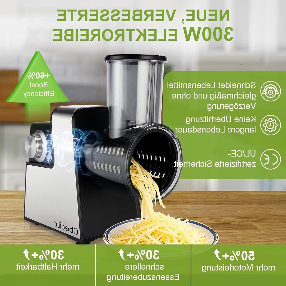 Elektrische Kaasrasp - Keukenmachine Groente Snijder - Snel Ingrediënten Bereiden - Zeven RVS Bladen - 30 cm Hoog - Zwart — afbeelding 1