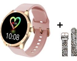 Belesy® BQSiRgPk Pro - Smartwatch Dames – Smartwatch Heren - Horloge - 1.28 inch - Kleurenscherm - Stappenteller - Bloeddruk - Hartslag - 75+ Wijzerplaten – Sporten – Goud – Siliconen – Roze – extra polsband Panterprint - Kerstcadeau