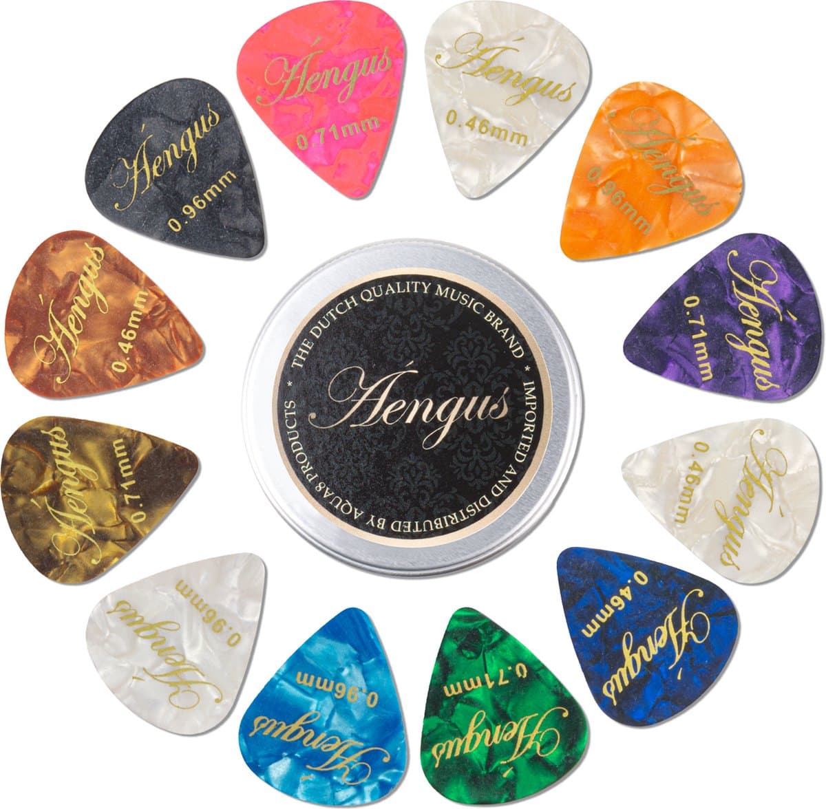 12 Plectrums in aluminium doosje - Celluloid plectrum set - thin 0.46, medium 0.71 en thick 0.96 mm — afbeelding 1