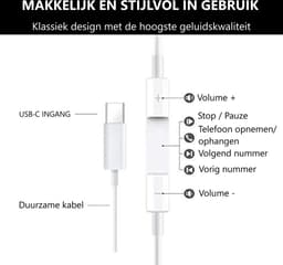 DISEV® - Oortjes met Draad - USB-C Aansluiting - In-Ear Oordopjes met Draad - Oortjes met Draad en Microfoon - 1.20M kabel - Wit — thumbnail 2