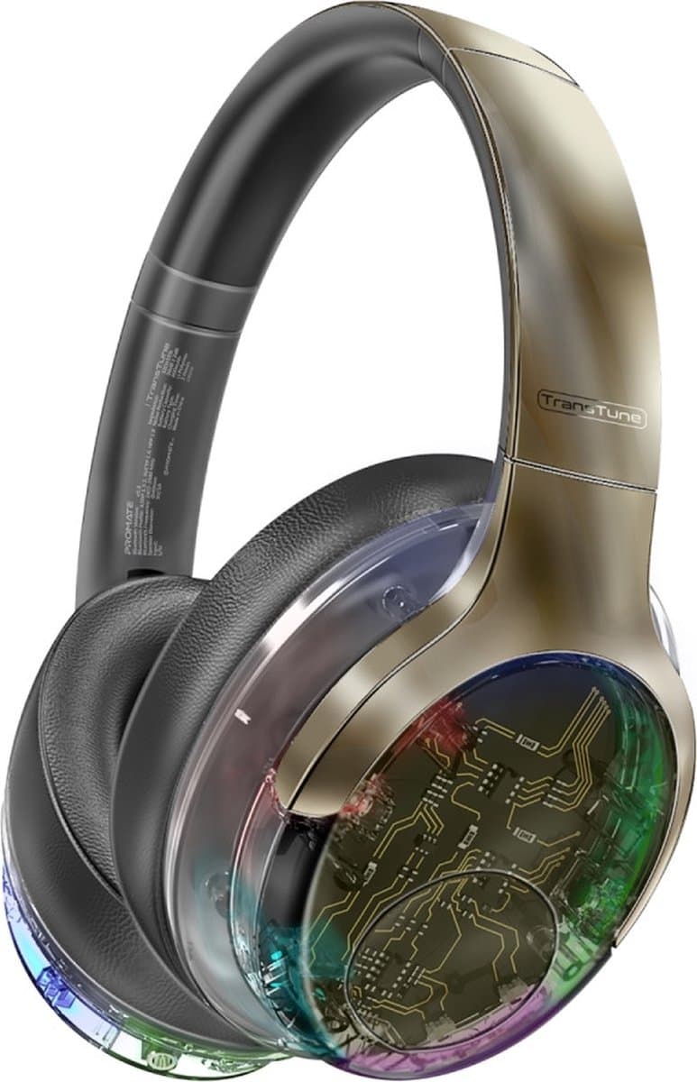 ProMate® Premium Draadloze Hoofdtelefoon, Hi-Fidelity Transparante ANC Bluetooth v5.4 Headset met RGB-verlichting, Microfoon, Opvouwbaar Ontwerp, 40 uur Speeltijd, 600mAh Batterij en 3.5mm Jack, TransTune Gunmetal. — afbeelding 1