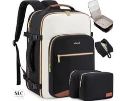 SLC Collection - Rugzak - 4 Delige Set - 40 Liter - Koffer - Zwart - Beige - Bruin - Dames - Heren - Reistas - 17 inch Laptop Tas - Handbagage - Kledingtas - Schoenentas - 03M - Toilettas - 45x20x35cm - Backpacken - Reizen - Vliegtuig - Werk- Camping