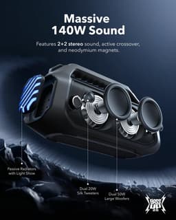 NEW soundcore Anker Boom 2 Plus Buitenluidspreker, bluetooth, 140 W, 2+2 kanalen, BassUp 2.0, 20 uur, snel opladen, IPX7-waterdicht, RGB-verlichting, USB-C, powerbank, voor kamperen, strand, tuin- Zwart — thumbnail 2